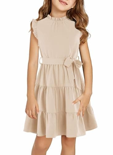 Image of Haloumoning Girls' Dresses Casual Ruffle Sleeve Midi Dress Kids Pleated Party Dress with Belt 4-15 Years, Beige, 4-6 Years