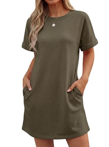 Image of GRECERELLE Womens Summer Mini Dress Cap Sleeve Crew Neck T Shirt Short Casual Beach A Line Dresses with Pockets (Army Green, M)