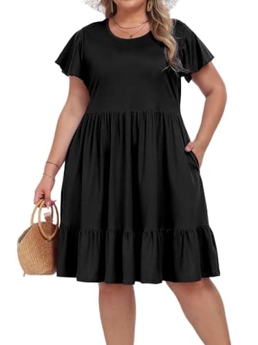 Image of Moon Wood Summer Midi Dresses for Women Casual Ruffle Short Sleeve Floral Dress with Pockets Plus Size Black 2XL