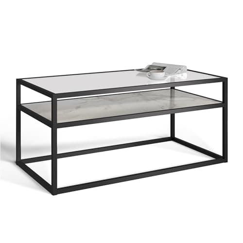 Image of URBNLIVING Glass Display Top Coffee Table with Steel Frame Reversible Wooden Storage Shelf