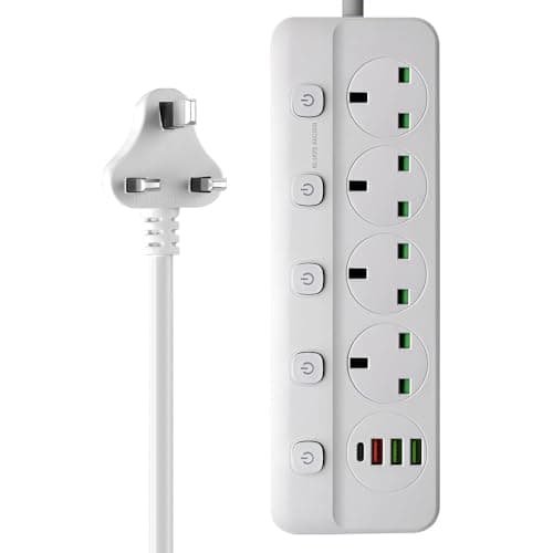 Image of KBIBCK 2M Extension Lead with USB Slots, 4 Way Sockets Outlets with 3 USB Ports and 1 Type-C Ports, 10A/2500W Wall Mount Socket Extension Cable, UK Multi Plug Adapter Electrical Cord for Home Office
