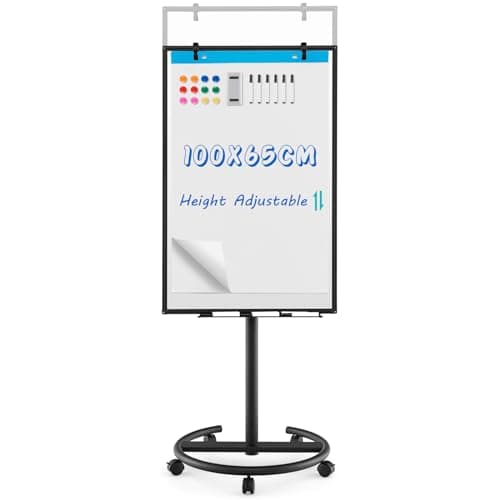 Image of COSTWAY Flip Chart Mobile Whiteboard, 100x65cm Height Adjustable Dry Erase Board with Stand, Paper Clips, Magnets, Markers and Eraser, Standing Magnetic Whiteboard for Home Office School (Black)