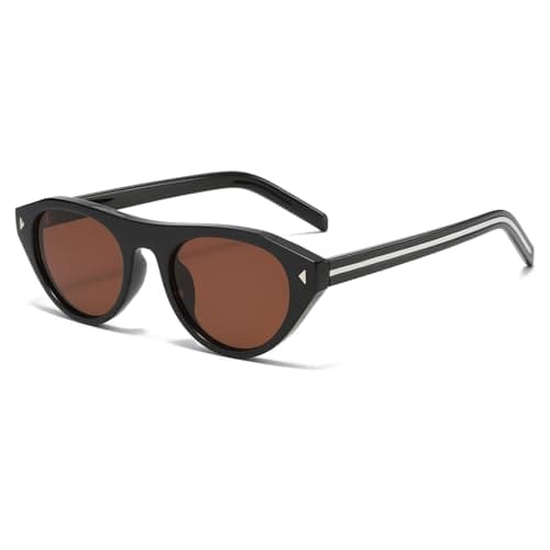 Image of Long Keeper Oval Cat Eye Sunglasses for Women Ladies Trendy Small Round Sunglasses Retro Vintage Cateye Shades with UV Protection for Travel Driving Daily (Black Frame - Brown Lens)