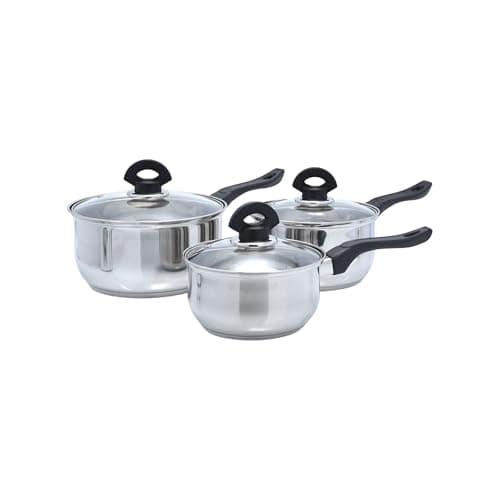 Image of Buckingham Premium 3 Pieces Stainless Steel Saucepan Set with Tempered Glass Lid Induction Hob Pan Set Bakelite Handles and Even Heat Distribution
