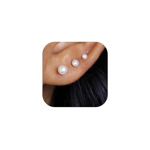 Image of DORANA 3 Pairs 925 Sterling Silver Pearl Stud Earrings for Women Hypoallergenic Silver Studs Earrings Dainty Pearl Stud Earring Cute Earring Set for Multiple Piercings