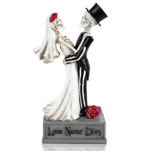 Image of Love Never Dies Couple Resin Statue, 7.08’’ Bride And Groom Lovers Valentine's Day Wedding Skull Gothic Skeleton, Garden Outdoor Ornaments Of The Dead Party Decorations Bouquet Cake Topper (YS-KL01)
