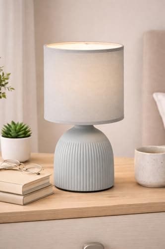 Image of Mini Ribbed Bedside Lamp,Modern Table Light with Textured Ribbed Base, Small Nightstand Lamp for Bedroom, Desk, Shelf or Living Room Décor-A61 (Grey)