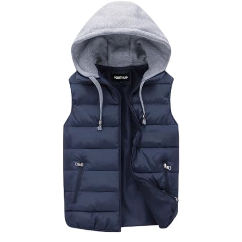 Image of YOUTHUP Mens Gilets Quilted Body Warmer Light-Weight Hooded Sleeveless Jacket Outdoor Waistcoats , Blue, L