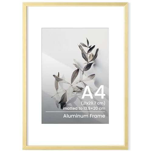 Image of A4 Frame Gold, Metal Aluminium A4 Picture Frame, 21x29.7 cm A4 Photo Frame with Mount for A5 Prints, Certificates Documents Poster Frames with Tempered Glass for Vertical & Horizontal Wall Hanging