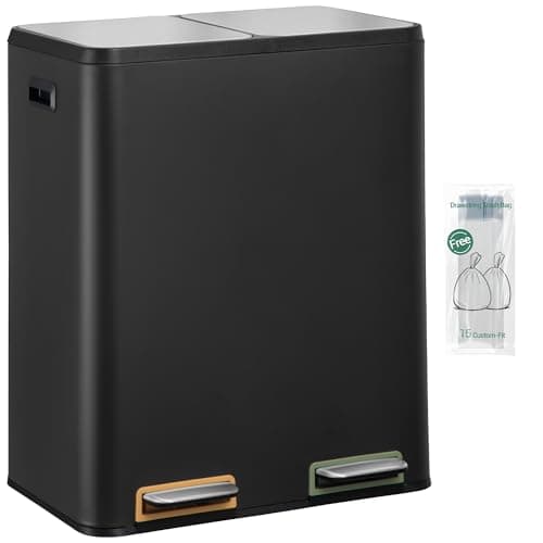 Image of Hzuaneri Kitchen Bin, 2 x 30 L Recycling Bins for Kitchen, Colored Pedal Bin with Lid, Removable Inner Buckets, Stainless Steel Rubbish Bins for Recycling and Waste, for Kitchens, Black SW23099B