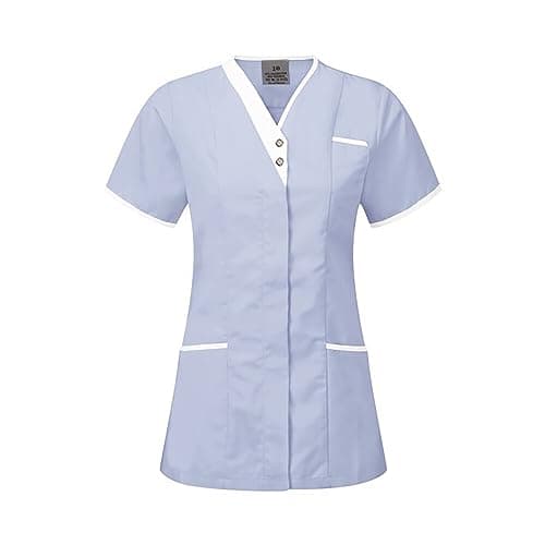 Image of Skywear T25 Healthcare Woman Spa Salon Beautician Cross Neck Tunic Nail Massage Therapist Shirts Top, Sky with White Trim, Size 12