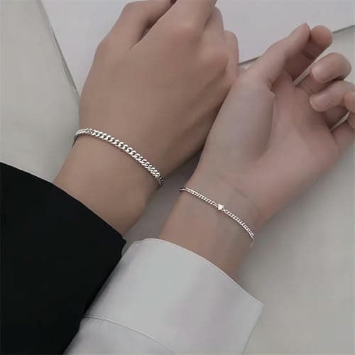 Image of GWSGSFAS 2PCS Simple Fashion Stainless Steel Bracelet Set for Couple Unisex Women Men Lover Crystal Heart Silvery Chain Bracelets Jewelry-silver