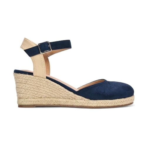Image of Women's Ankle Strap Wedge Ladies Platform Espadrille Navy Closed Toe Buckle Shoes Size 3