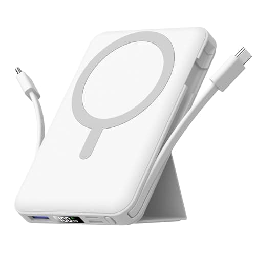 Image of Azmuth for Magsafe Power Bank, 10000mAh Magnetic Battery Pack, 20W PD Fast Charging with USB-C Cable LED Wireless Portable Charger with Stand for iPhone 17/16/15/14/13/12 Series(White)