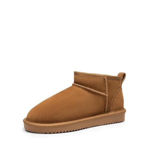 Image of DREAM PAIRS Ankle Winter Mini Boots for Women Genuine Suede Faux Fur Lining Water Resistant Warm Snow Boots Slip On Memory Foam Comfort Booties FuzzyClassic,Size 7W,Chestnut,SDSB25001W-W