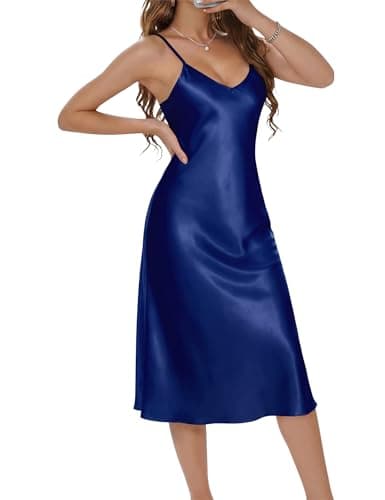 Image of Marvmys Satin Nightdress for Women UK Long Negligees Strap Chemise Nighties for Ladies V Neck Full Slips Sleepwear Navy Blue L