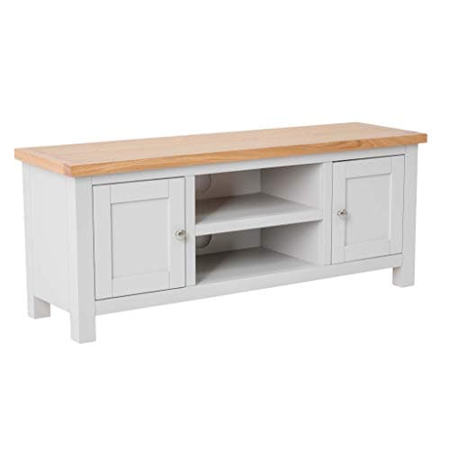 Image of Farro Grey 120cm Large TV Unit for Living Room | Roseland Furniture Fully Assembled Painted Solid Wooden Television Cabinet Stand Oak Top | Suitable for TVs up to 54 inches