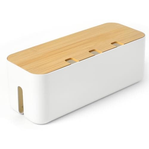 Image of Nymblis Cable Tidy Box, Cables Management Box for Wire Storage, Large Cable Organiser Box with Bamboo Lid, for Hiding Extension Power Strips and Cords from TV, Computers (White)