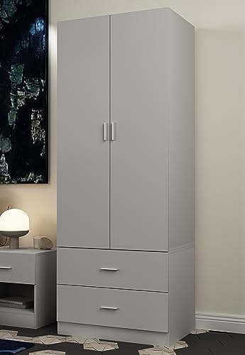 Image of URBNLIVING Orlando Wooden 2 Door With 2 Drawers Kids Wardrobe Bedroom Storage With Hanging Bar (Grey)