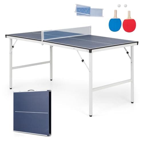 Image of COSTWAY Folding Table Tennis Table, Portable Ping Pong Desk with Net, 2 Paddles and Balls, Indoor Outdoor Family Game Tables (Navy, 152.5 x 76 x 71 cm)
