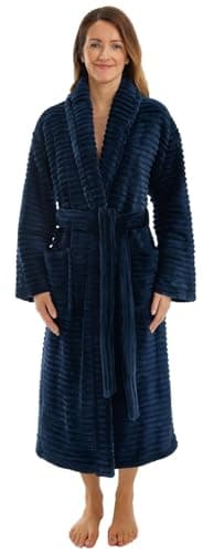 Image of Adore Home Ladies Extra Warm Dressing Gown – Luxurious Ribbed Fleece Bathrobe with Cosy Sherpa Lining, Navy, S-M