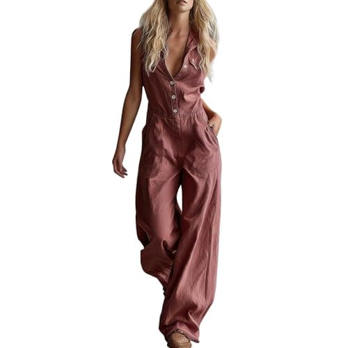Image of Yoga Jumpsuit Women UK Womens Sleeveless Shirt Jumpsuit V Neck Button Up Lapel Collared Playsuits with Pockets Slim Fit Wide Leg Palazzo Trouser Rompers High Waisted Elegant Casual Outfit Rose Gold