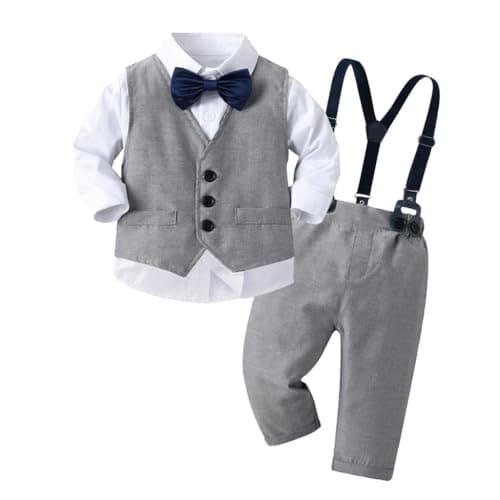 Image of Lito Angels Kids Boys Gentleman Outfit 4 Piece Vest Suit Set with Shirt Trousers Bow Tie for Wedding Christening Party Formal Wear Grey Age 4–5 Years Navy