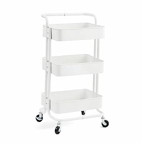 Image of Metal Trolley on Wheels | Storage Shelves | Makeup Storage | Vegetable Storage | Cleaning Trolley | Shelves Unit | Utility Cart | Cleaning Caddy | Metal Rolling Cart (3-Tier White)