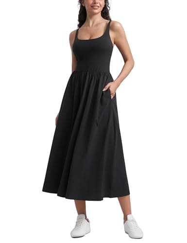 Image of CRZ YOGA Womens Maxi Square Neck Tank Dress Casual Travel Flowy Sleeveless Padded Summer Outfits with Side Pockets Black 12