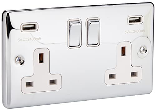 Image of AET CPC2GUSBWC 2 Gang 13 A Double Plug Classical Chrome Polished Socket with USB Charging Ports and White Insert Metal Rocker Switch