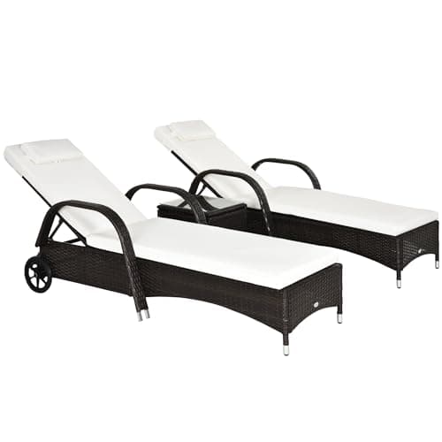 Image of Outsunny Rattan Sun Loungers Set of 2 with Side Table, 3-Piece Garden Furniture Set, Adjustable Recliner Sunlounger Sunbed with Cushions & Headrest, Wheels, Outdoor Patio Daybed, Brown