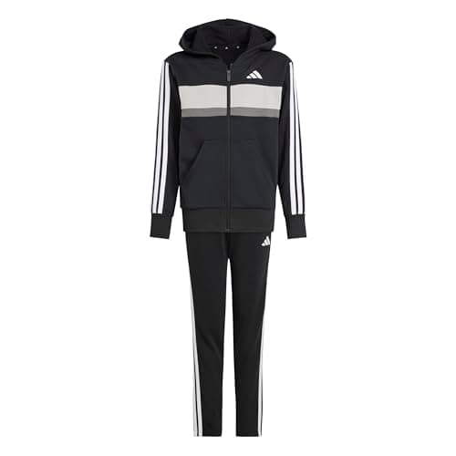 Image of adidas Unisex Kids SEASONAL ESSENTIALS TIBERIO 3 STRIPES FLEECE TRACKSUIT, black/white/grey two, 13-14 Years