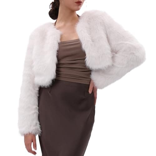 Image of Amazhiyu Womens Faux Fur Coat, Winter Short Long Sleeve Jacket, Solid Crew Neck Open Front Outwear Plush Warm Cardigan Shaggy Artificial Fur Outerwear White M