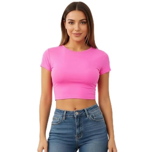 Image of LUXFAB Women Short Sleeve Crop Top Round Neck Plain or Printed Stretchy Summer Cropped T-Shirt Size 8-14 Black Soft Fit Casual Wear Everyday Style Top (UK, Alpha, S, M, Regular, Regular, Hot Pink)