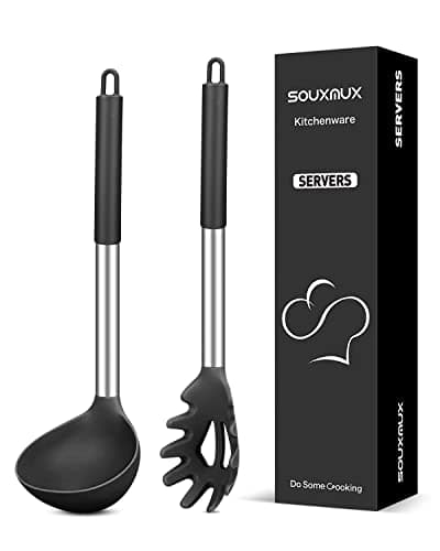 Image of Silicone Pasta Fork and Soup Ladle Set, Non-Stick BPA Free Heat-Resistant Handy Kitchen Utensils for Cooking, Serving, Draining, Stirring (Black)