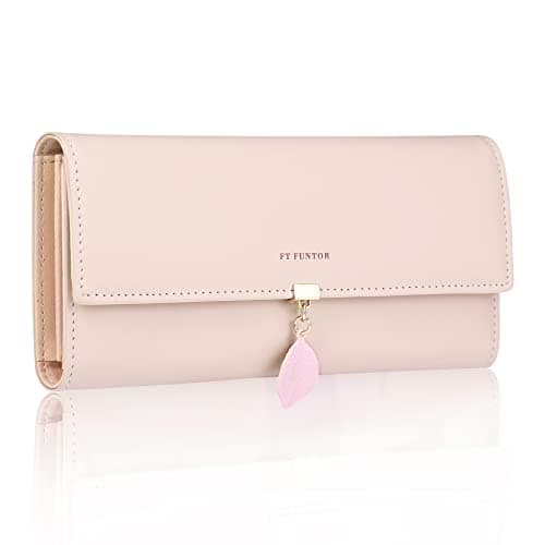 Image of FT FUNTOR PU Leather Wallet for Women RFID Blocking Ladies Leaf Pendant Coin Zipper Long Purse with Multiple Card Slots and Card Holders Phone Pocket (Pink)