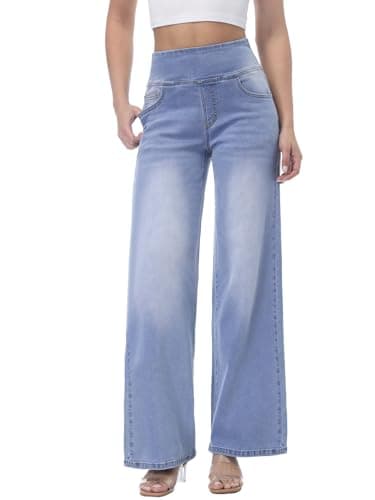 Image of Chasehot Pull on Wide Leg Jeans for Women, High Waisted Stretchy Baggy Trendy Tummy Control Straight Leg Jeans Denim Pants Iceland Blue-XL