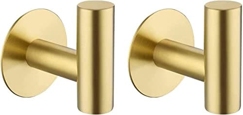 Image of YUET Brushed Brass 2 Pcs Bathroom Towel Hook Self Adhesive,Stick on Metal Coat Hooks Robe Hooks SUS 304 Stainless Steel Heavy Duty Door Hanger Clothes Closet Holder No Drill for Bathroom Hotel Gold