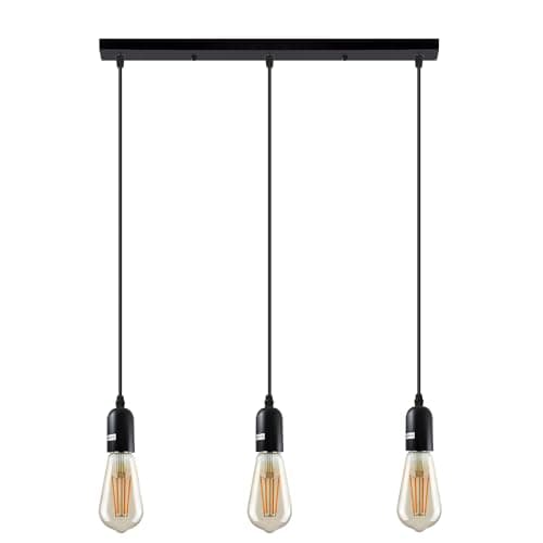 Image of LEDSone Lighting Industrial Cluster 3 Way Pendant Light Fittings, Loft Bar Triple Hanging Pendant Ceiling Lights for Kitchen Island Living Room (Black, with Bulb)