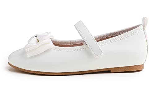 Image of Feversole Girls Cute Dress Mary Jane Shoes Soft Party Holiday Ballet Flats Bow Tie White Patent Vegan Leather Kids Size UK 1