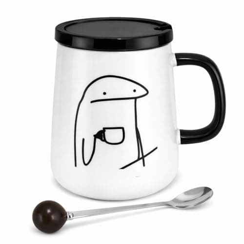 Image of SUBLIX Ceramic Coffee Mug with Lid & Spoon – 350ml Cute Doodle Design Mug Set, Premium Tea Cup with Removable Lid & Stainless Steel Spoon – Gift for Home & Office