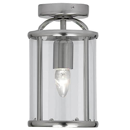 Image of Britalia Antique Chrome & Clear Glass Panel Vintage Round Lantern Flush Ceiling Light | 16cm Diameter | 1 x ES E27 Lamp Required | UK Approved | Retro Semi Flush