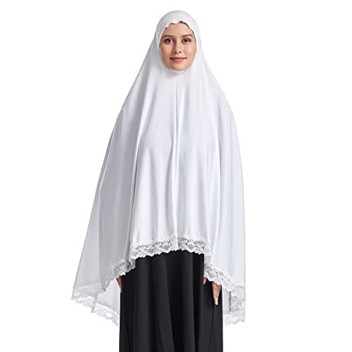 Image of Khimar Long Hijab Scarf For Women One Piece Lace Headscarf Muslim Ready To Wear Jersey Scarves Instant Undercap Non See Through Headwear Arabia Islamic Prayer Dress Shawls Body Cover White XL