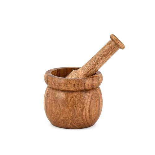 Image of Indus Lifespace Mortar & Pestles Acacia Wood Grind Spices, Herbs & Grains Effortlessly | Perfect for Garlic, Ginger, Pastes & Seasonings (4" x 4" x3")