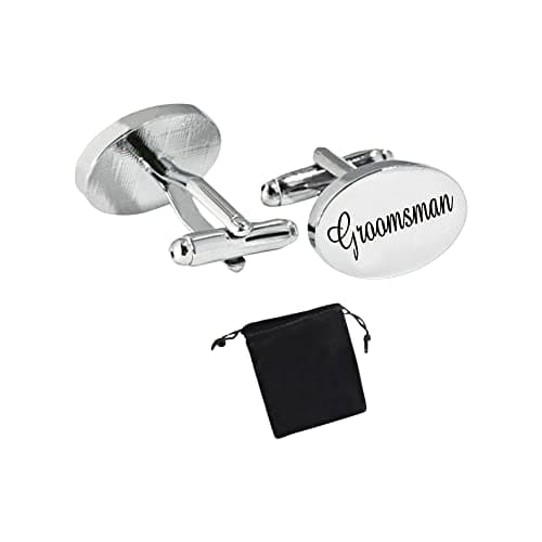 Image of Virens Empourium Men's Wedding Cufflinks SILVER OVAL Cufflink, Groom Best Man Usher Page Boy and Many More Titles, Gift Pouch with Every Pair of Cuff Link (Groomsman)