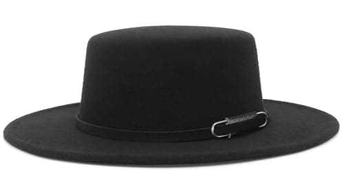 Image of GEMVIE Womens Felt Bowler Boater Hat Vintage Wide Brim Flat Top Hat Buckle Belt Fedora Church Jazz Hat
