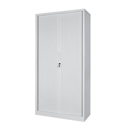 Image of POLLOR Tambour Storage Cabinet, Lockable Space Saving Steel Office Cupboard Rolling Sliding Door, 50kg Load Capacity Per Shelf (White, 185cm)