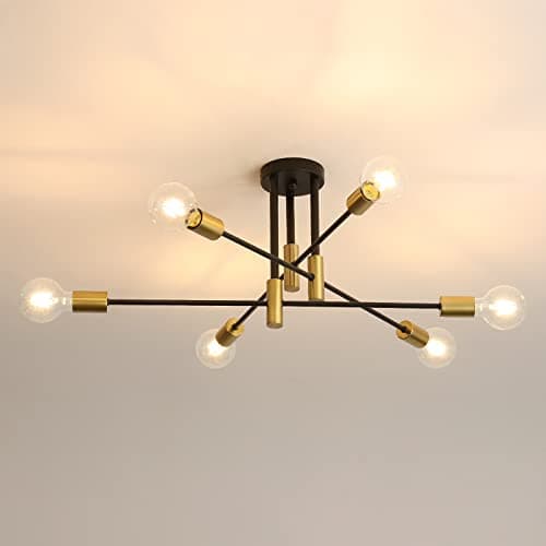 Image of DAXGD Chandelier Sputnik Ceiling Light, 6 Light E27 Sputnik Ceiling Lamp, Semi-Flush Mount Chandelier Light Fixtures for Living Room, Bedroom, Dining Room, Kitchen, Black+Gold (Without Bulb)