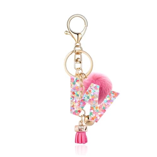 Image of QUKE Alphabet Initial Letter Keychain for Women Resin Keyring Purse School Bag With Deep Pink Fur Ball Pom - W