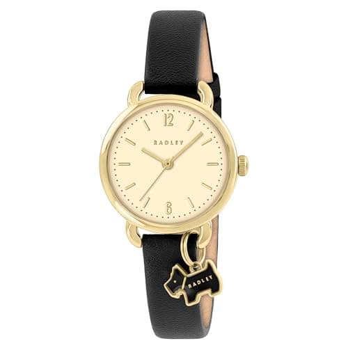 Image of RADLEY Gold Plated Case Dog Heart Charm Black Leather Strap Watch RY21930A